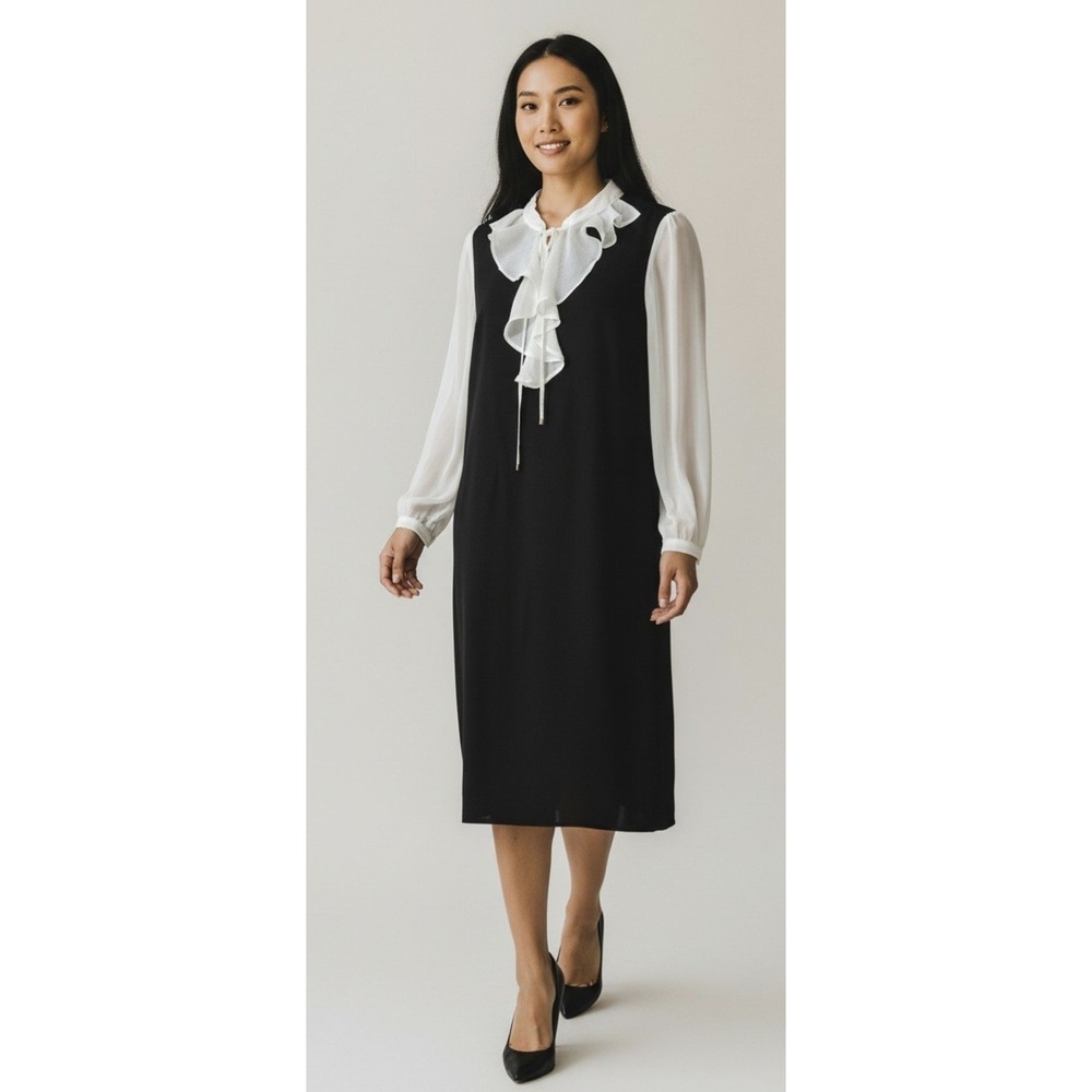 Tommy Hilfiger Black White Midi Shift Dress Ruffle-Front Chiffon-Sleeves 8 NWT